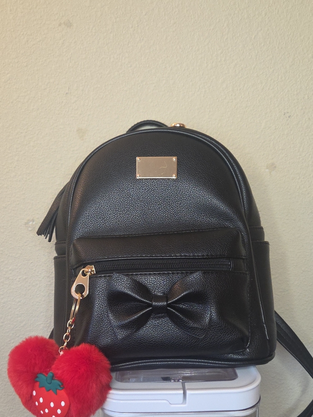 Black Faux Leather Mini Backpack with Bow Accent and Red Heart Charm